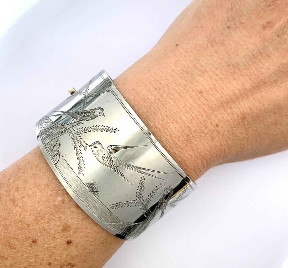 Victorian Wide Silver Hinged Bangle View IX