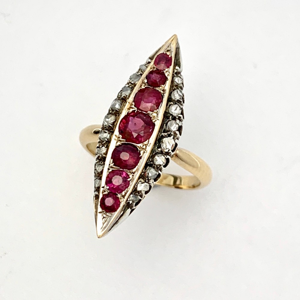 Victorian Ruby and Diamond Gold Navette Ring