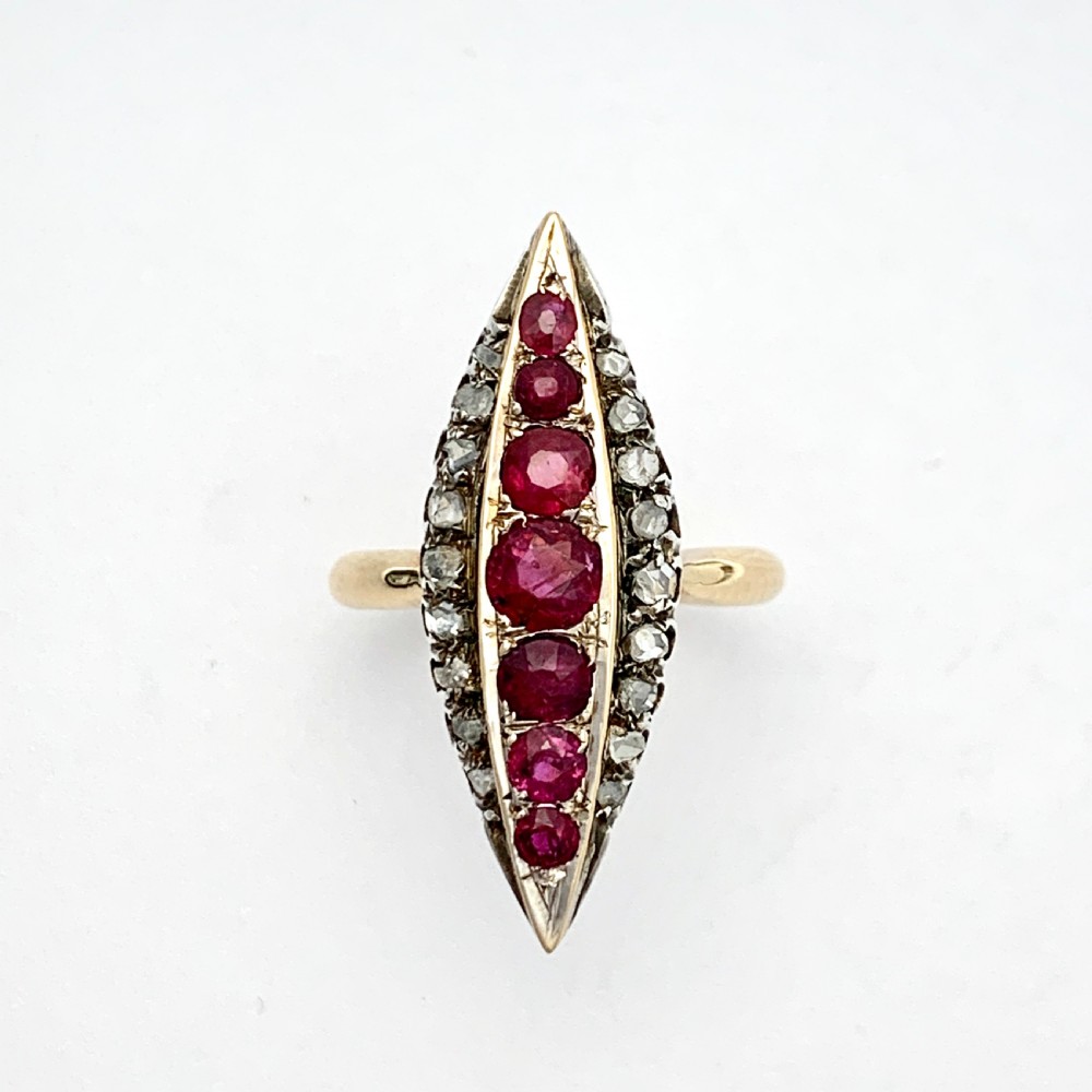 Victorian Ruby and Diamond Gold Navette Ring View II