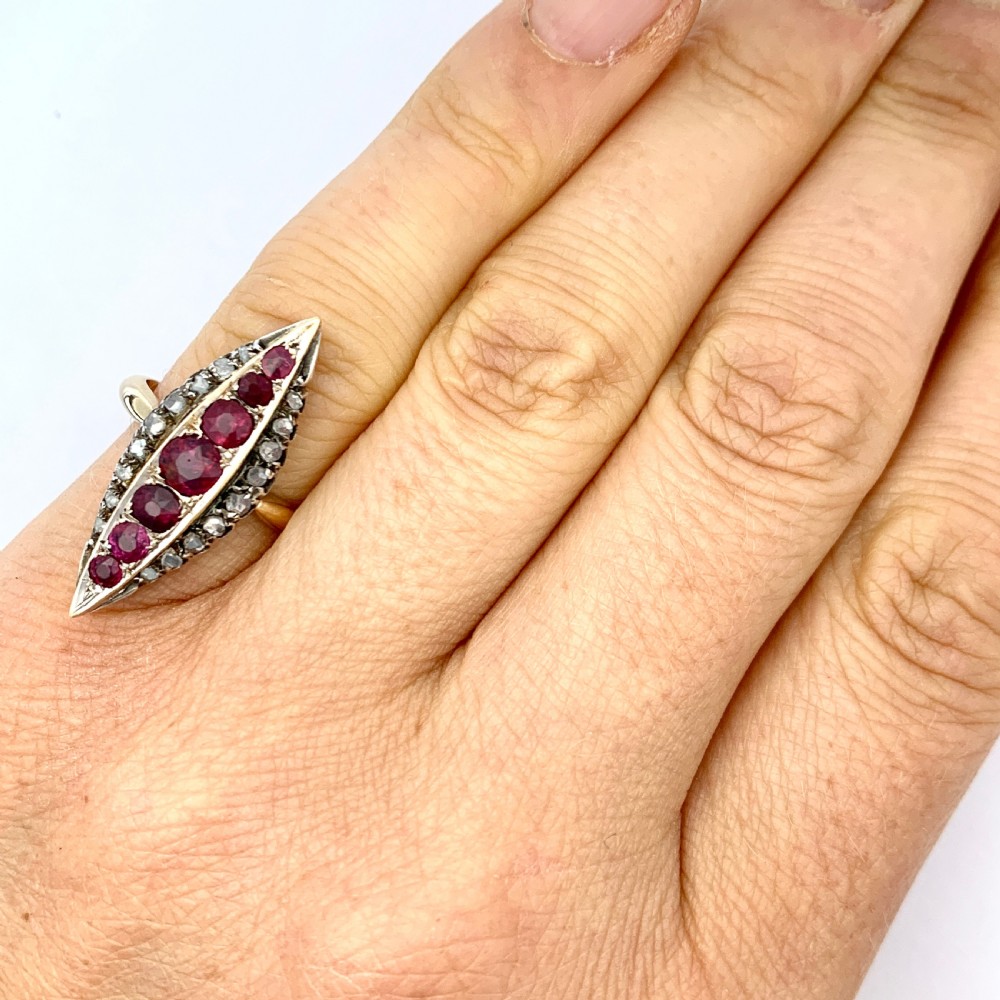 Victorian Ruby and Diamond Gold Navette Ring View VI