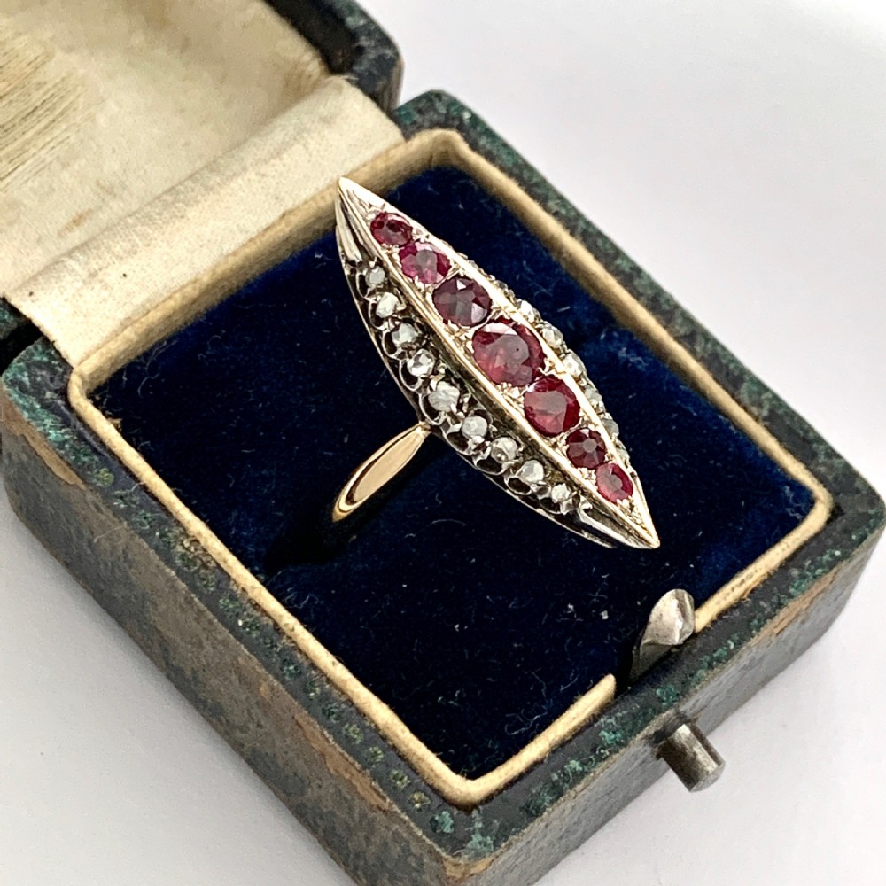Victorian Ruby and Diamond Gold Navette Ring View VII
