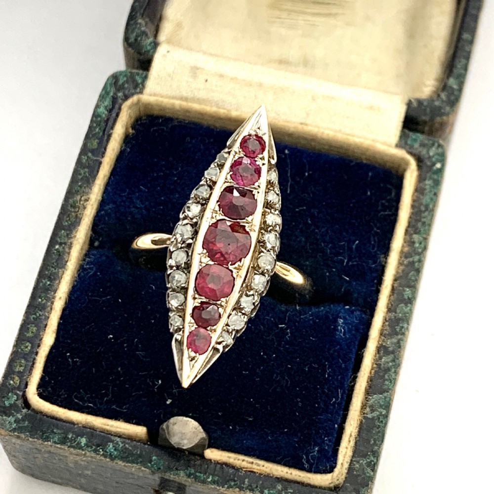 Victorian Ruby and Diamond Gold Navette Ring View VIII