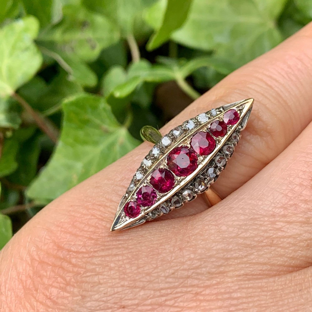 Victorian Ruby and Diamond Gold Navette Ring View X