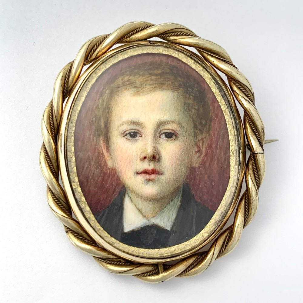 Large Victorian Hand Painted Miniature Mourning Portrait Swivel Brooch