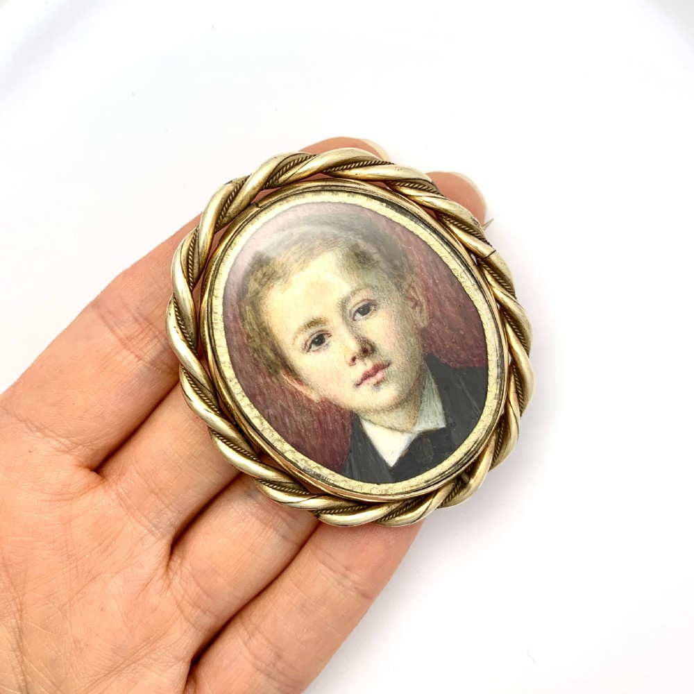 Large Victorian Hand Painted Miniature Mourning Portrait Swivel Brooch View VI