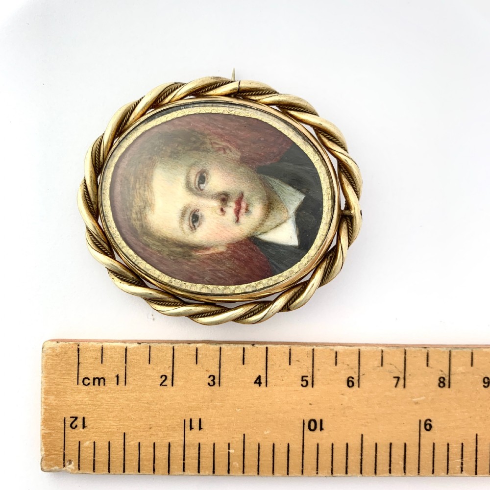 Large Victorian Hand Painted Miniature Mourning Portrait Swivel Brooch View VII