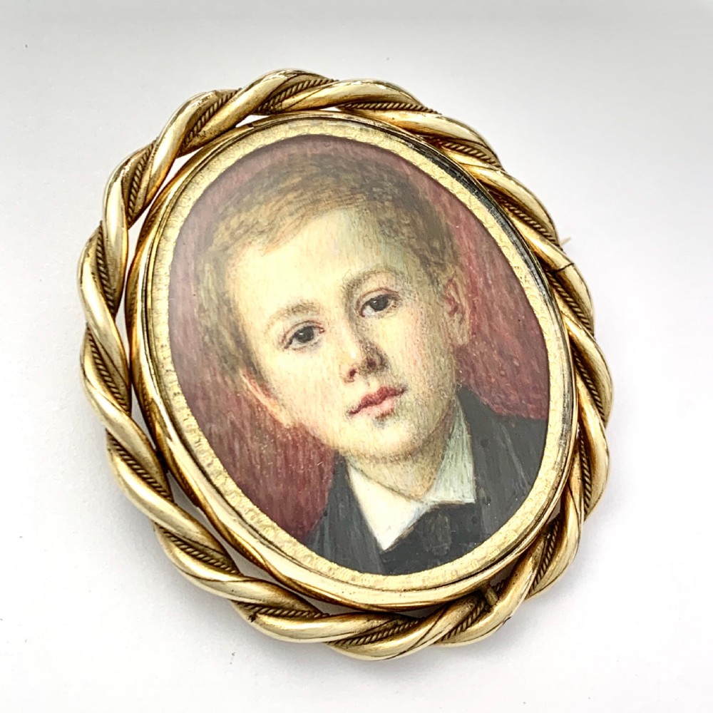 Large Victorian Hand Painted Miniature Mourning Portrait Swivel Brooch View VIII