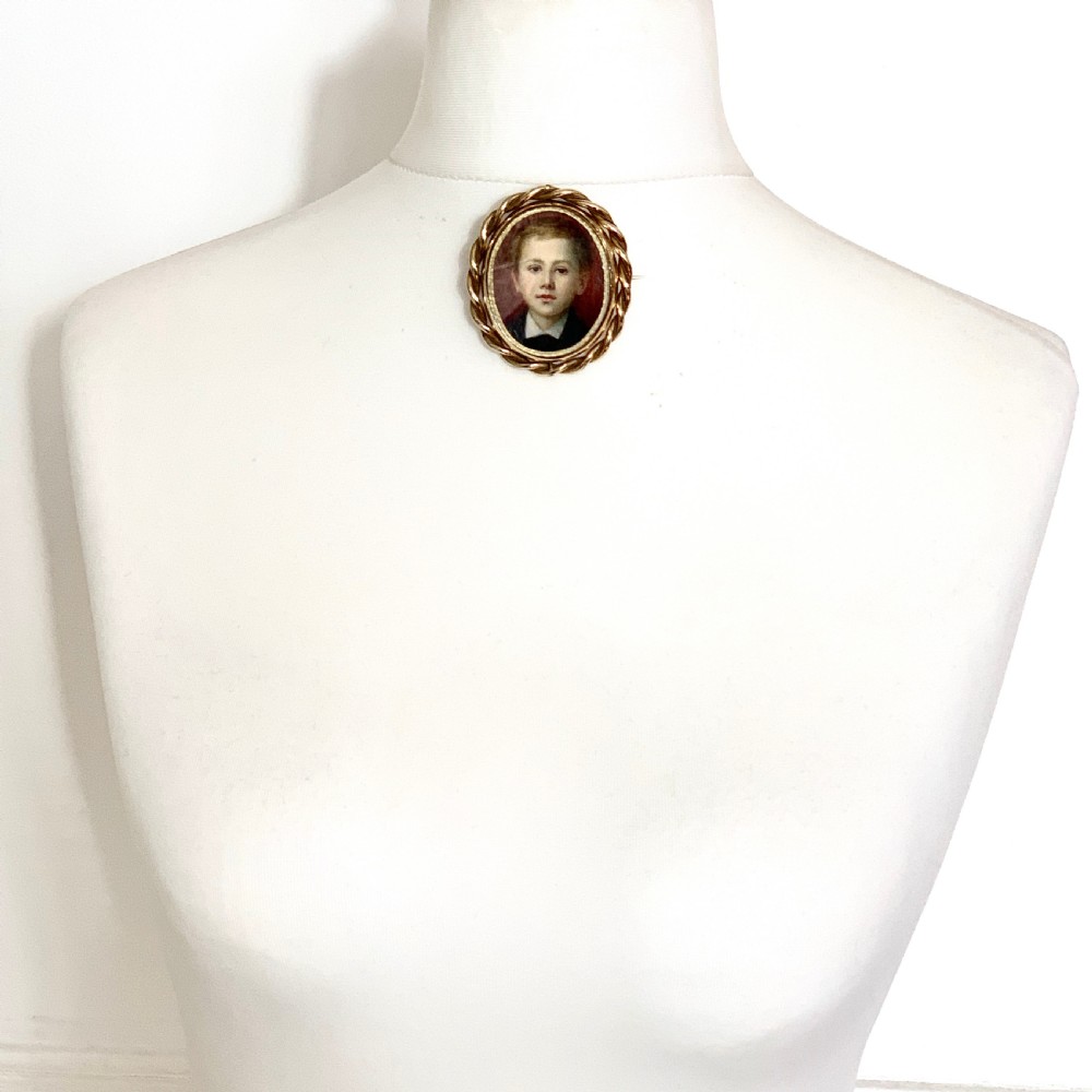 Large Victorian Hand Painted Miniature Mourning Portrait Swivel Brooch View X