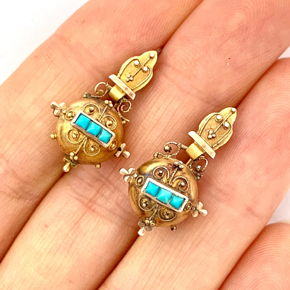 Victorian 15CT Gold Turquoise Orb Earrings View V