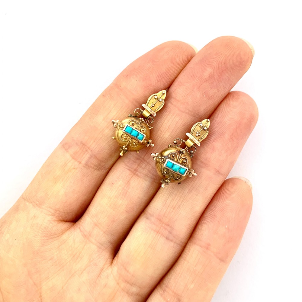 Victorian 15CT Gold Turquoise Orb Earrings View VI