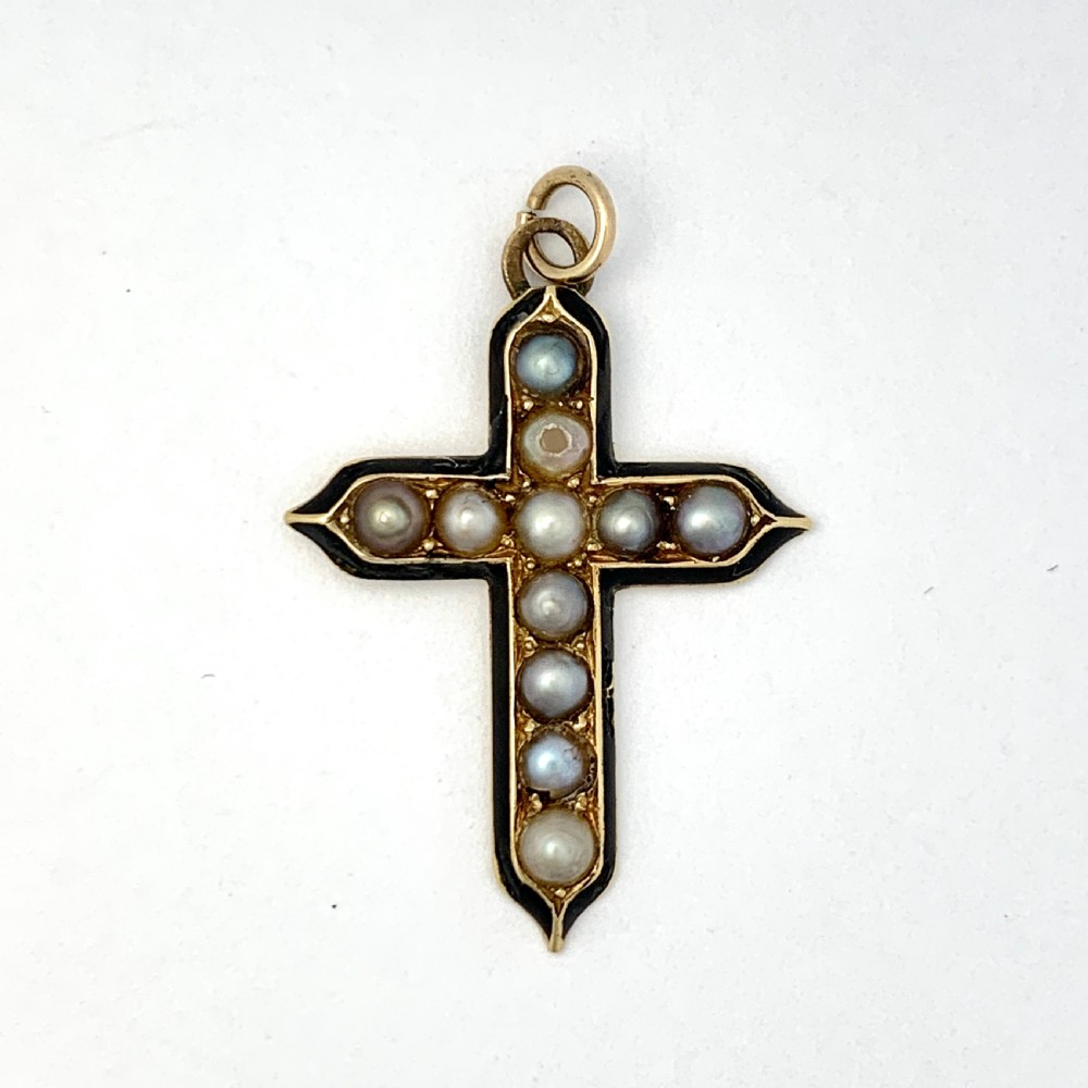 Victorian 9CT Gold Enamel and Pearl Cross Pendant