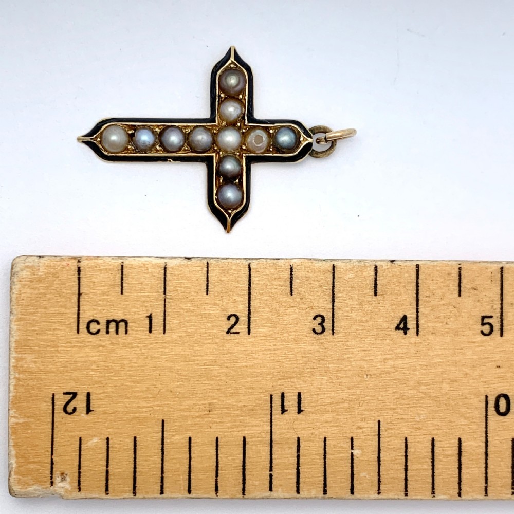 Victorian 9CT Gold Enamel and Pearl Cross Pendant View II