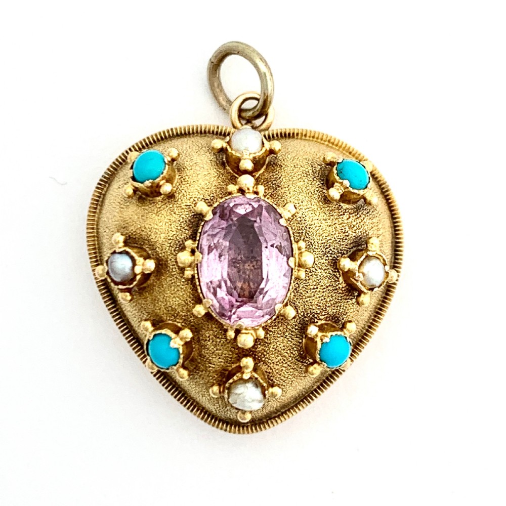 Victorian Turquoise, Pearl, Amethyst 9CT Gold Heart Pendant