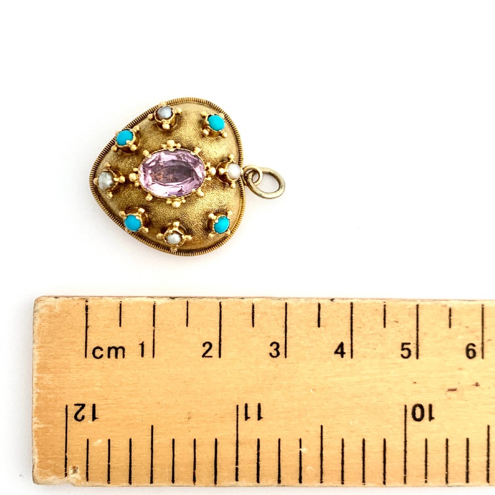 Victorian Turquoise, Pearl, Amethyst 9CT Gold Heart Pendant View III