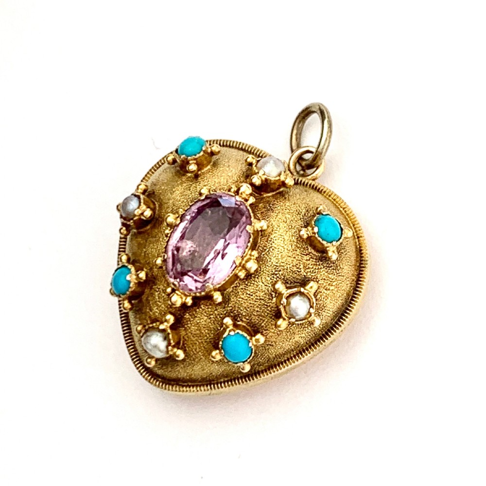 Victorian Turquoise, Pearl, Amethyst 9CT Gold Heart Pendant View IV