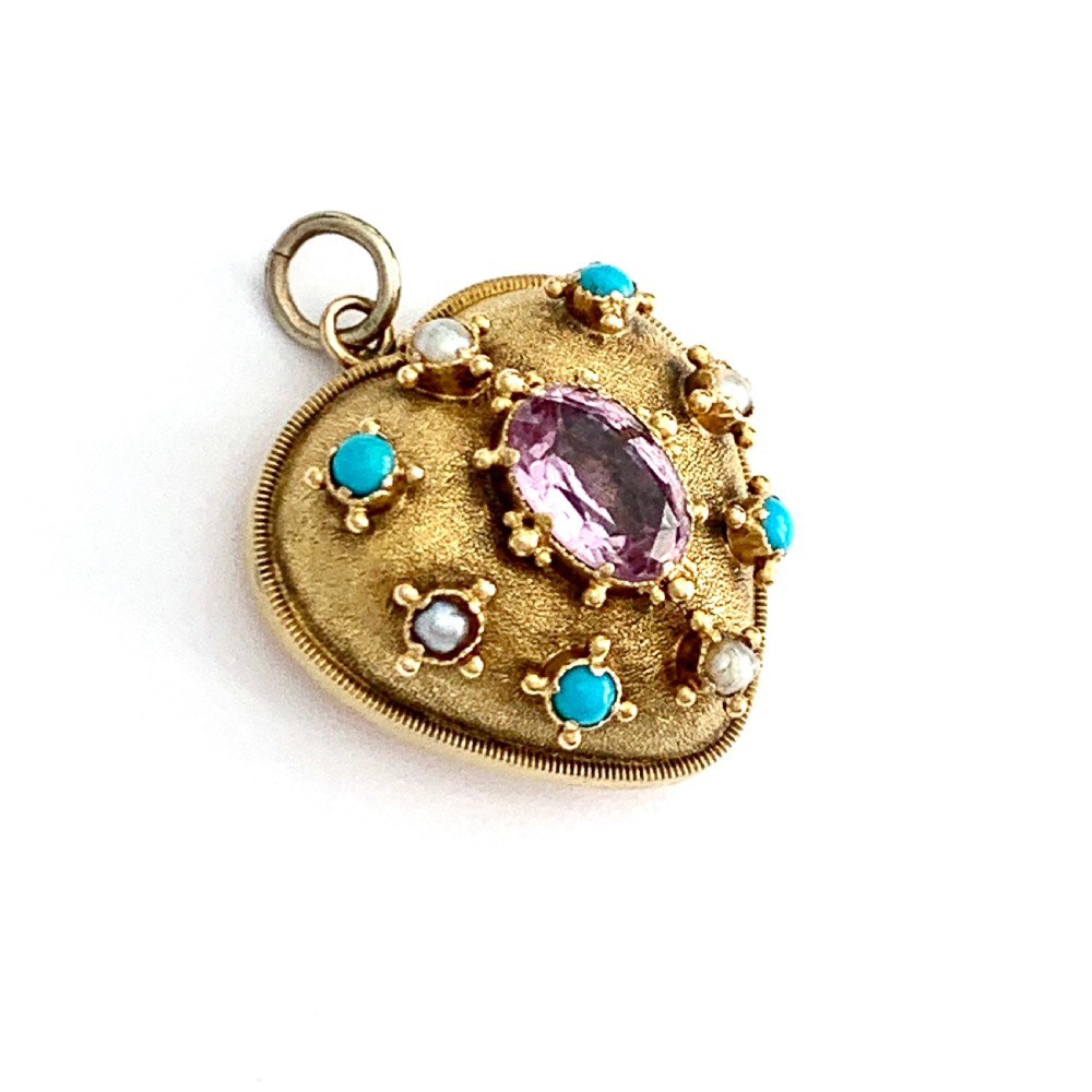 Victorian Turquoise, Pearl, Amethyst 9CT Gold Heart Pendant View V