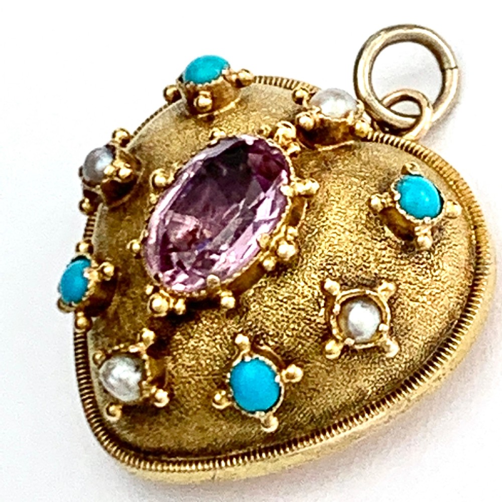 Victorian Turquoise, Pearl, Amethyst 9CT Gold Heart Pendant View VIII