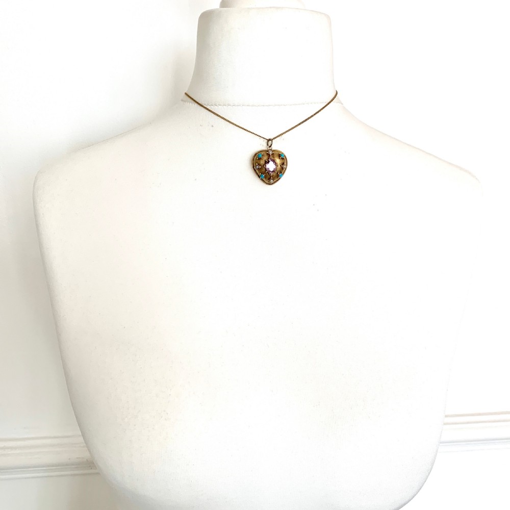 Victorian Turquoise, Pearl, Amethyst 9CT Gold Heart Pendant View IX