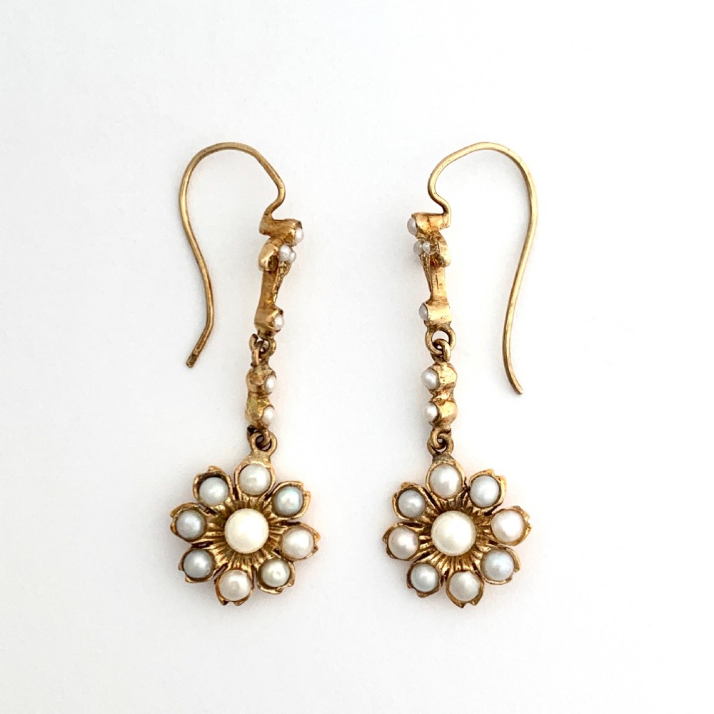 Victorian Pearl Flower Cluster Drop Earrings View II