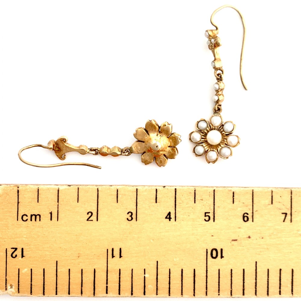 Victorian Pearl Flower Cluster Drop Earrings View III