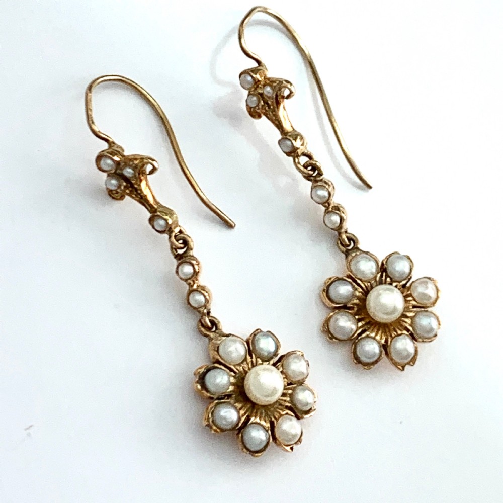 Victorian Pearl Flower Cluster Drop Earrings View V