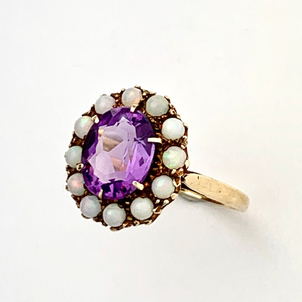 Antique Opal and Amethyst 9CT Gold Halo Ring