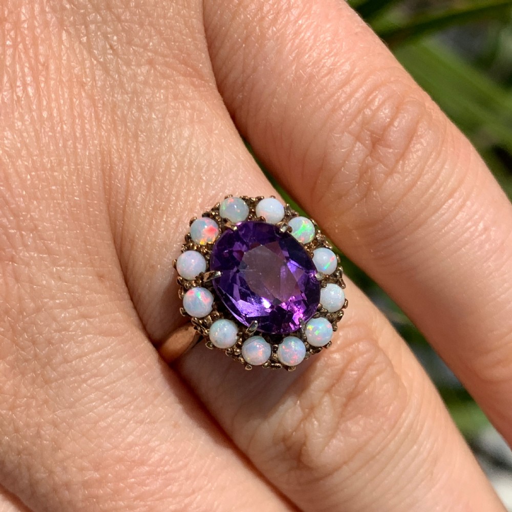 Antique Opal and Amethyst 9CT Gold Halo Ring View IX