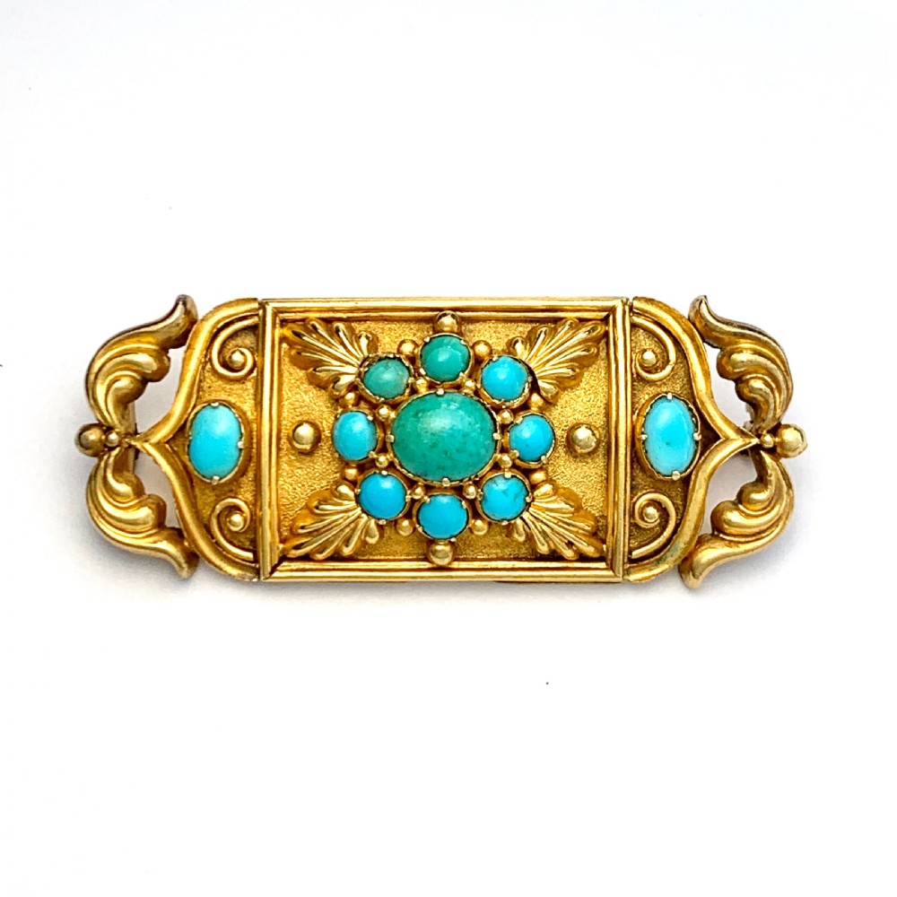 Victorian Etruscan Revival Turquoise 15CT Gold Brooch