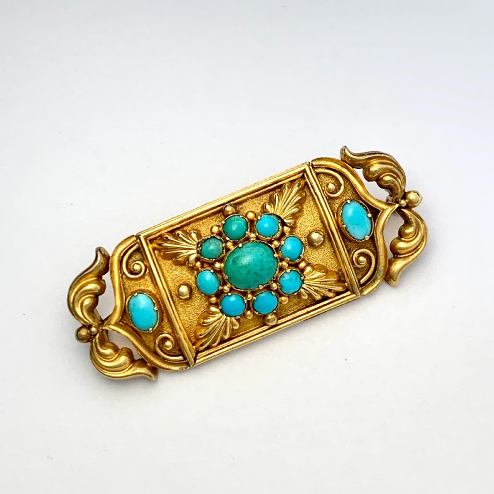 Victorian Etruscan Revival Turquoise 15CT Gold Brooch View III