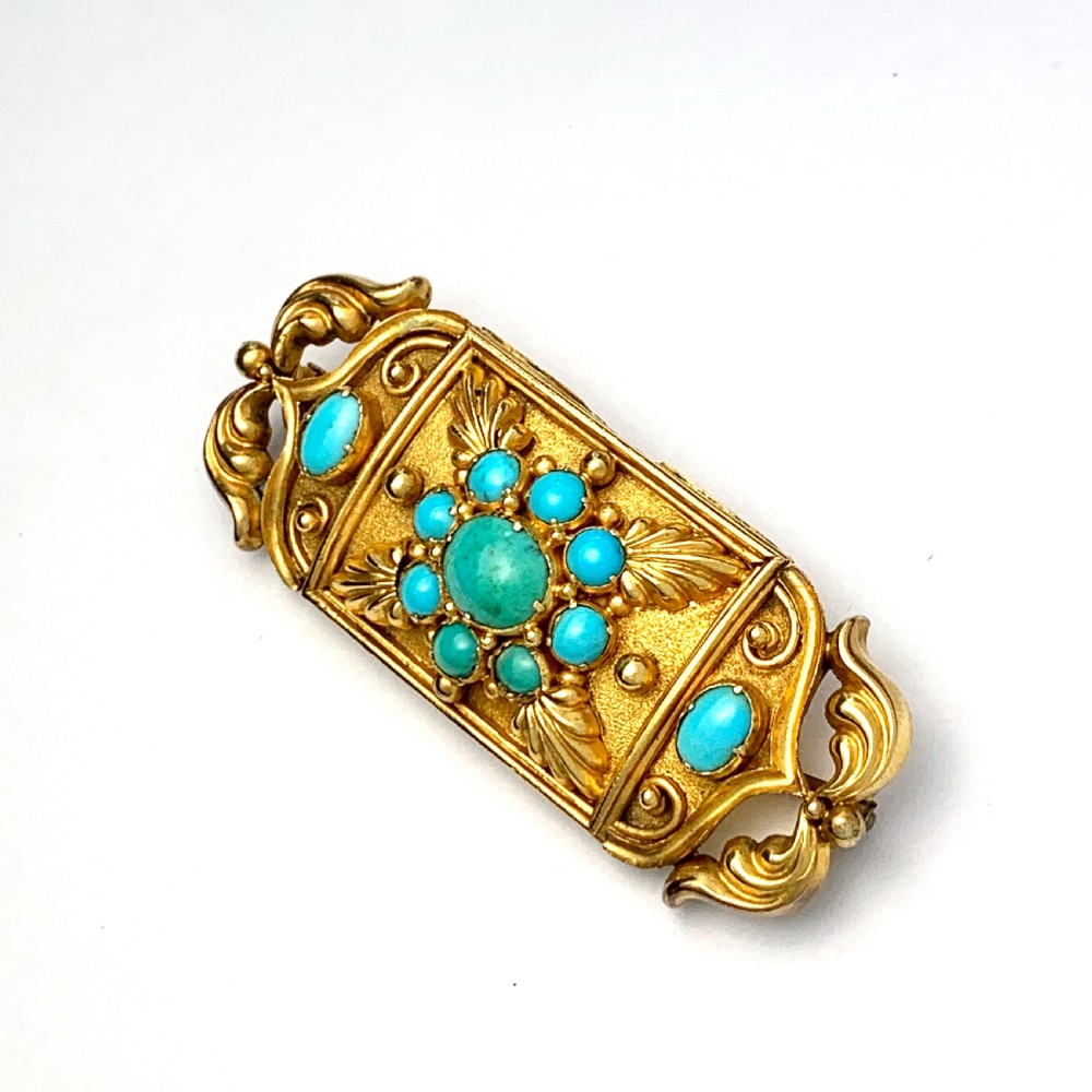 Victorian Etruscan Revival Turquoise 15CT Gold Brooch View V