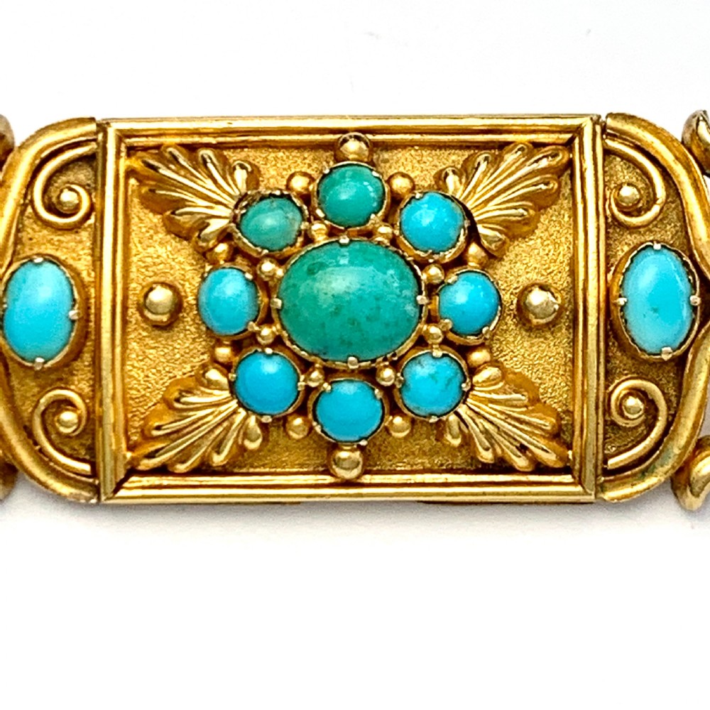 Victorian Etruscan Revival Turquoise 15CT Gold Brooch View VI