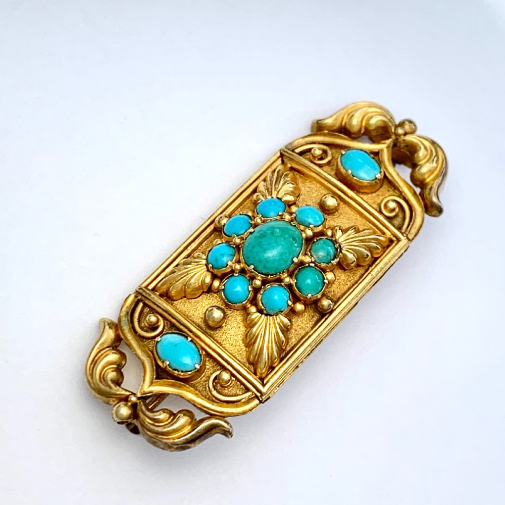Victorian Etruscan Revival Turquoise 15CT Gold Brooch View VII