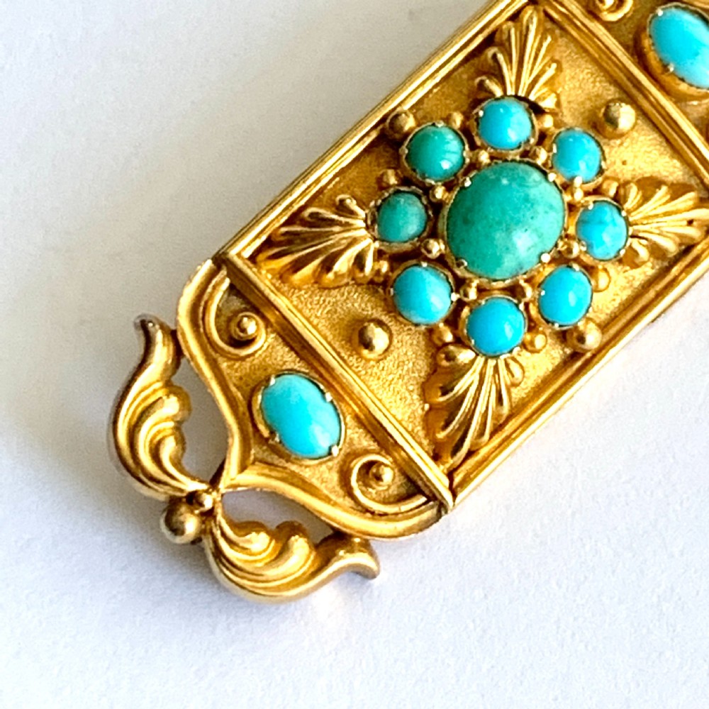 Victorian Etruscan Revival Turquoise 15CT Gold Brooch View VIII