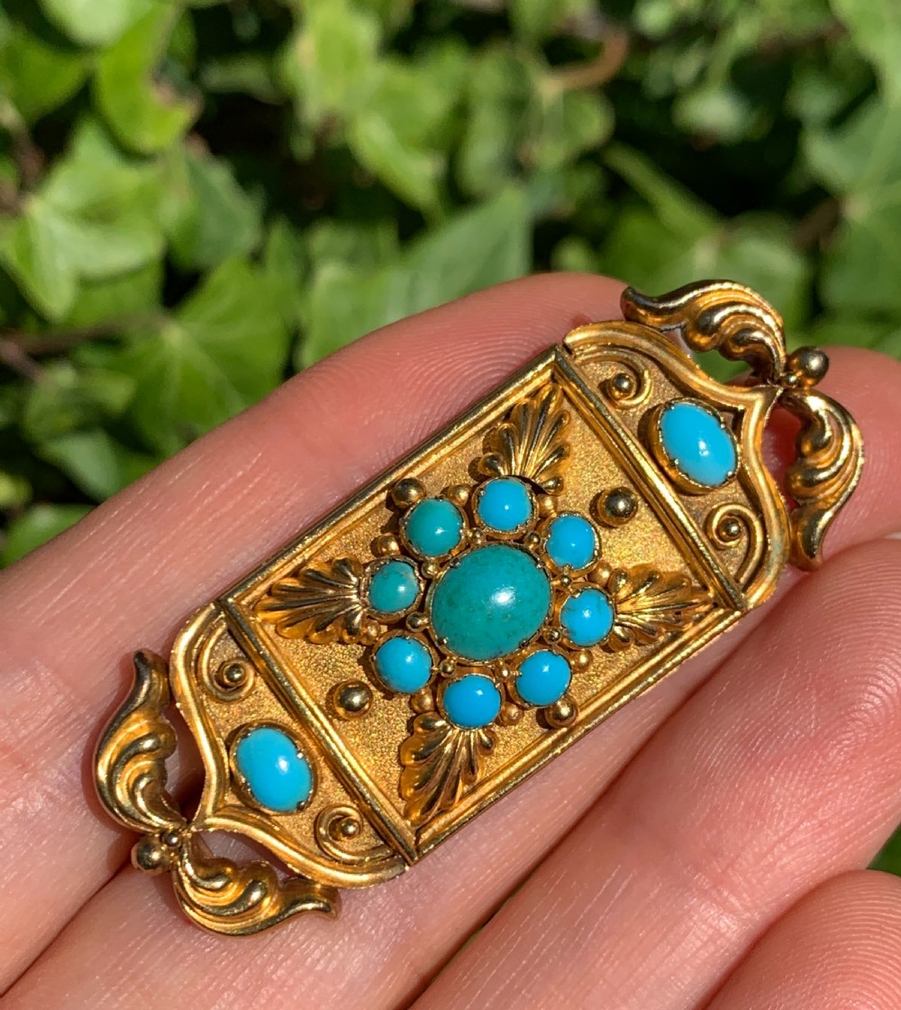 Victorian Etruscan Revival Turquoise 15CT Gold Brooch View X