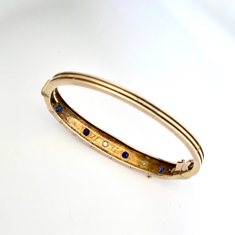 Victorian Sapphire and Diamond 15CT Rosy Gold Hinged Bangle View IV