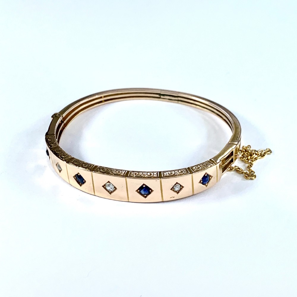 Victorian Sapphire and Diamond 15CT Rosy Gold Hinged Bangle View VI
