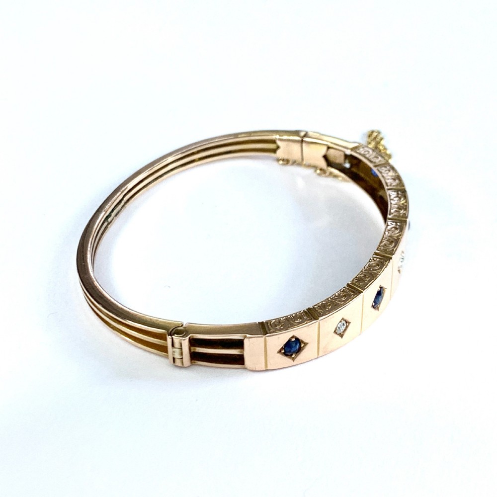 Victorian Sapphire and Diamond 15CT Rosy Gold Hinged Bangle View VII
