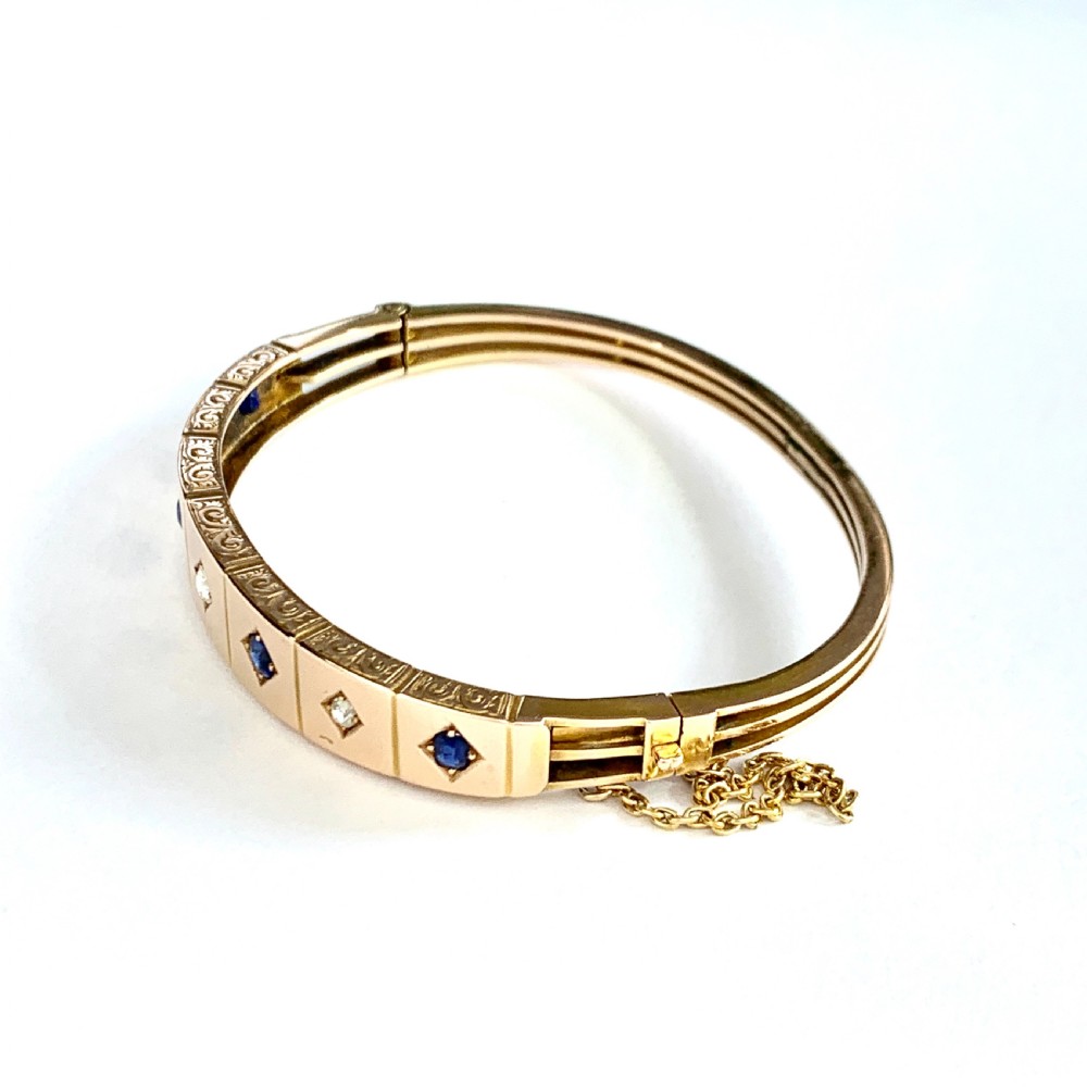 Victorian Sapphire and Diamond 15CT Rosy Gold Hinged Bangle View VIII