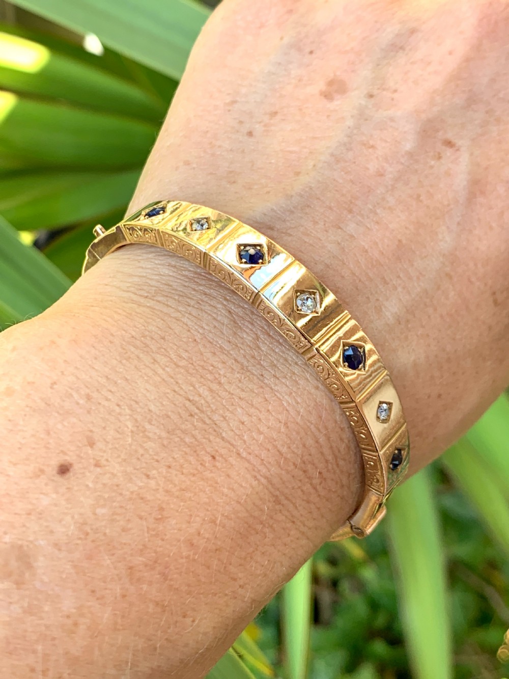 Victorian Sapphire and Diamond 15CT Rosy Gold Hinged Bangle View IX