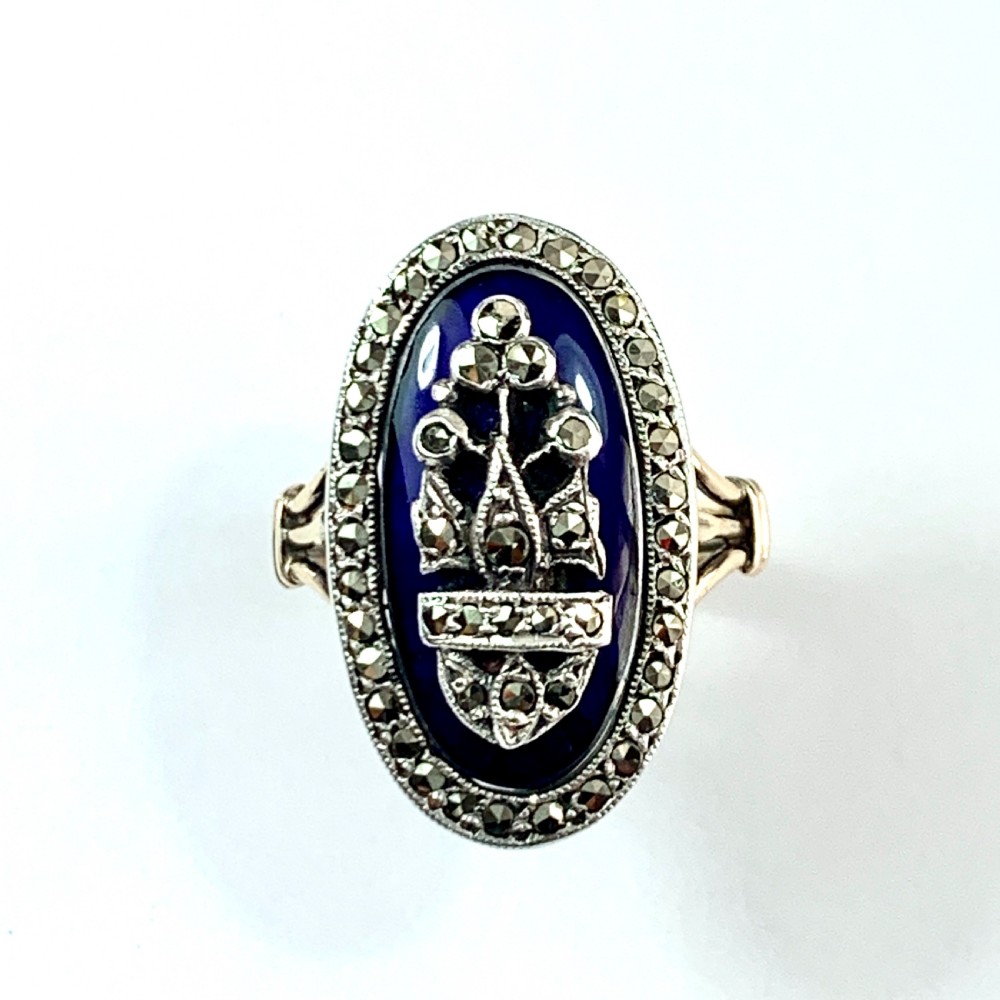 Victorian Blue Enamel Marcasite Gold and Silver Ring