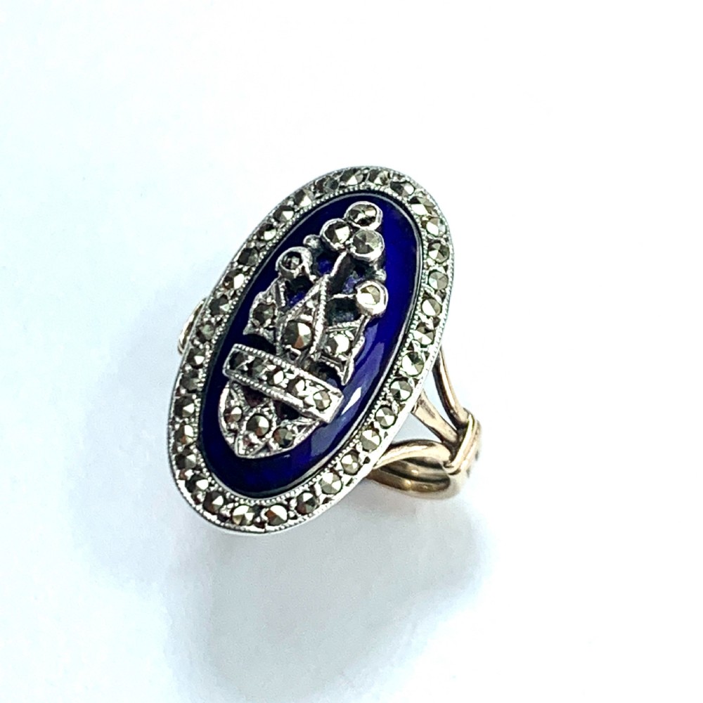 Victorian Blue Enamel Marcasite Gold and Silver Ring View III