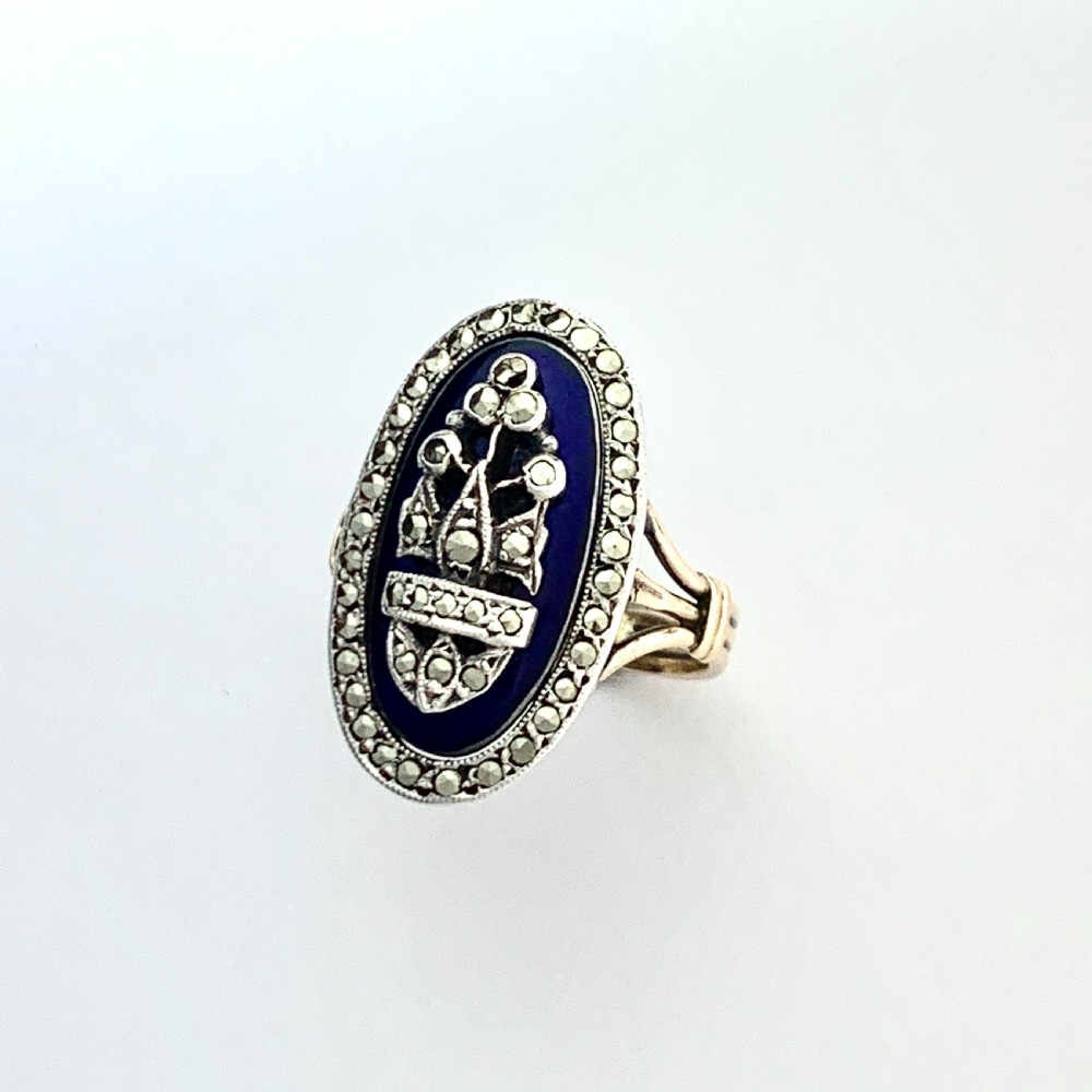 Victorian Blue Enamel Marcasite Gold and Silver Ring View IV