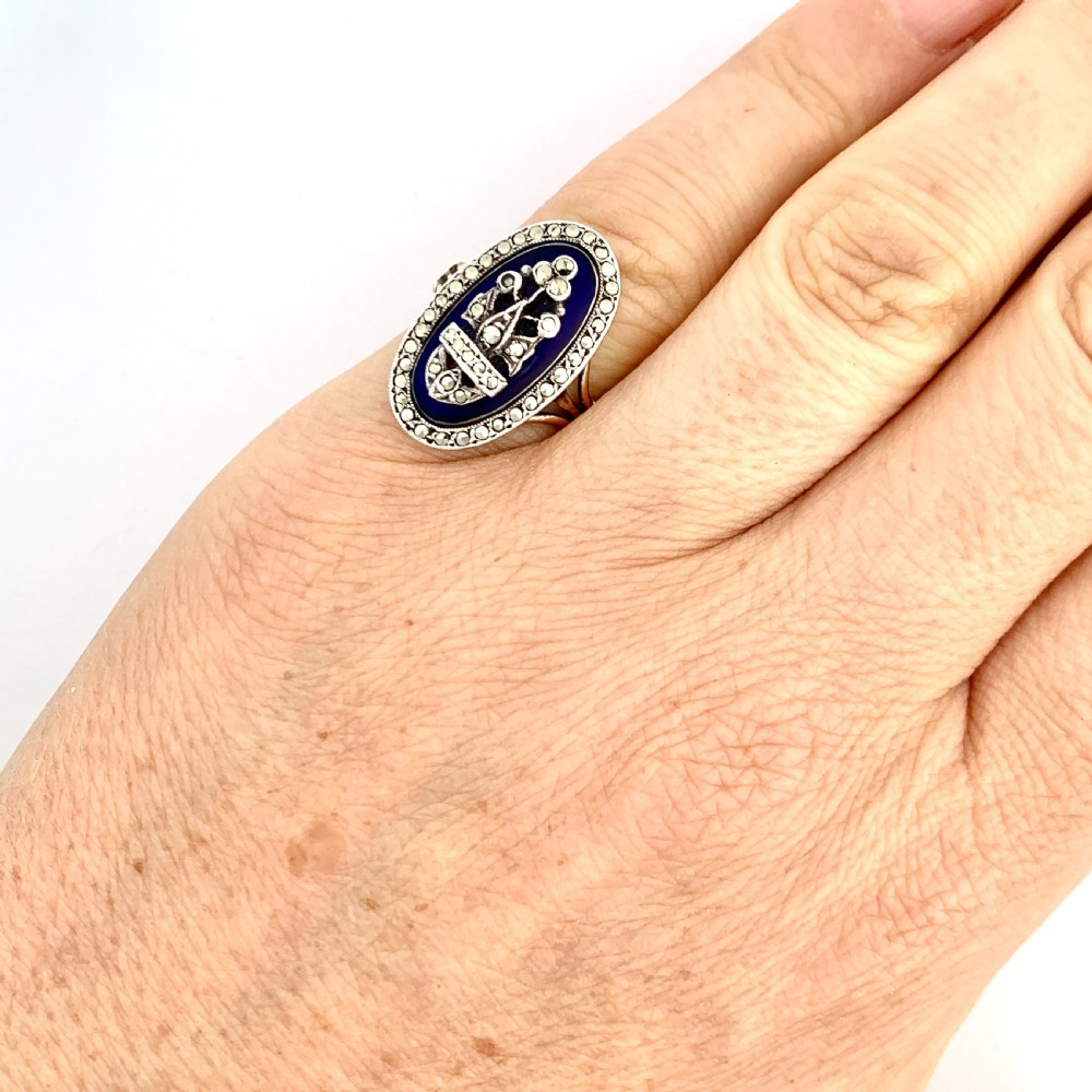 Victorian Blue Enamel Marcasite Gold and Silver Ring View V