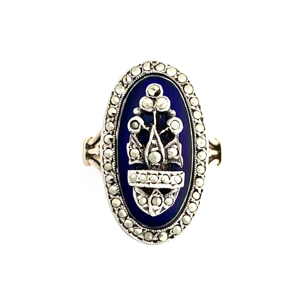 Victorian Blue Enamel Marcasite Gold and Silver Ring View IX