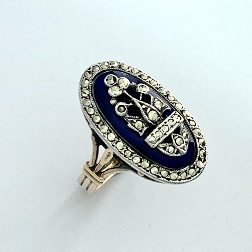 Victorian Blue Enamel Marcasite Gold and Silver Ring View X