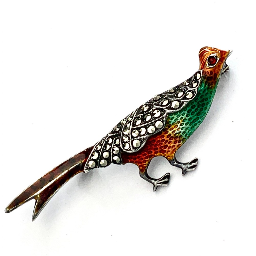 Vintage Sterling Silver Enamel and Marcasite Pheasant Brooch