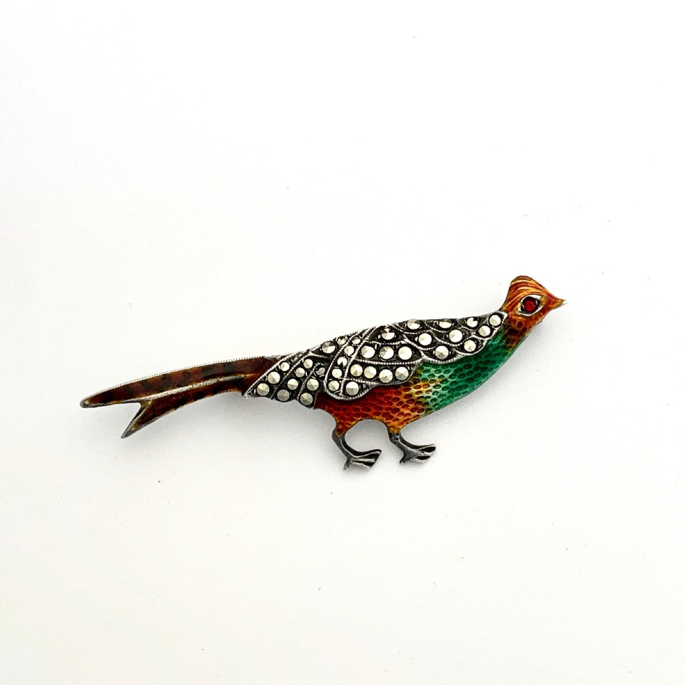 Vintage Sterling Silver Enamel and Marcasite Pheasant Brooch View II