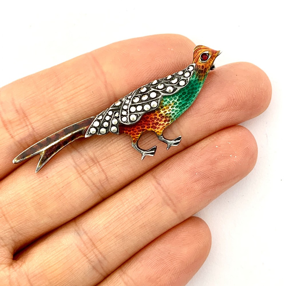 Vintage Sterling Silver Enamel and Marcasite Pheasant Brooch View IV