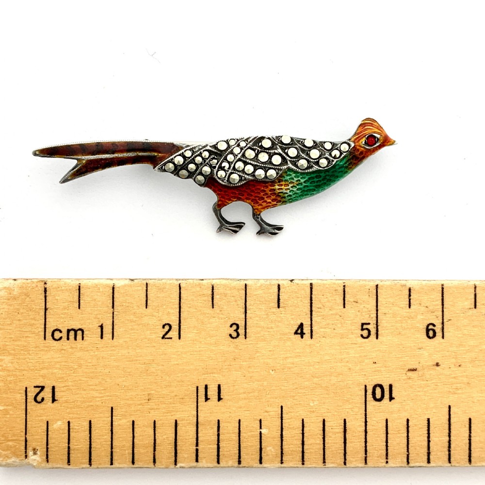 Vintage Sterling Silver Enamel and Marcasite Pheasant Brooch View V
