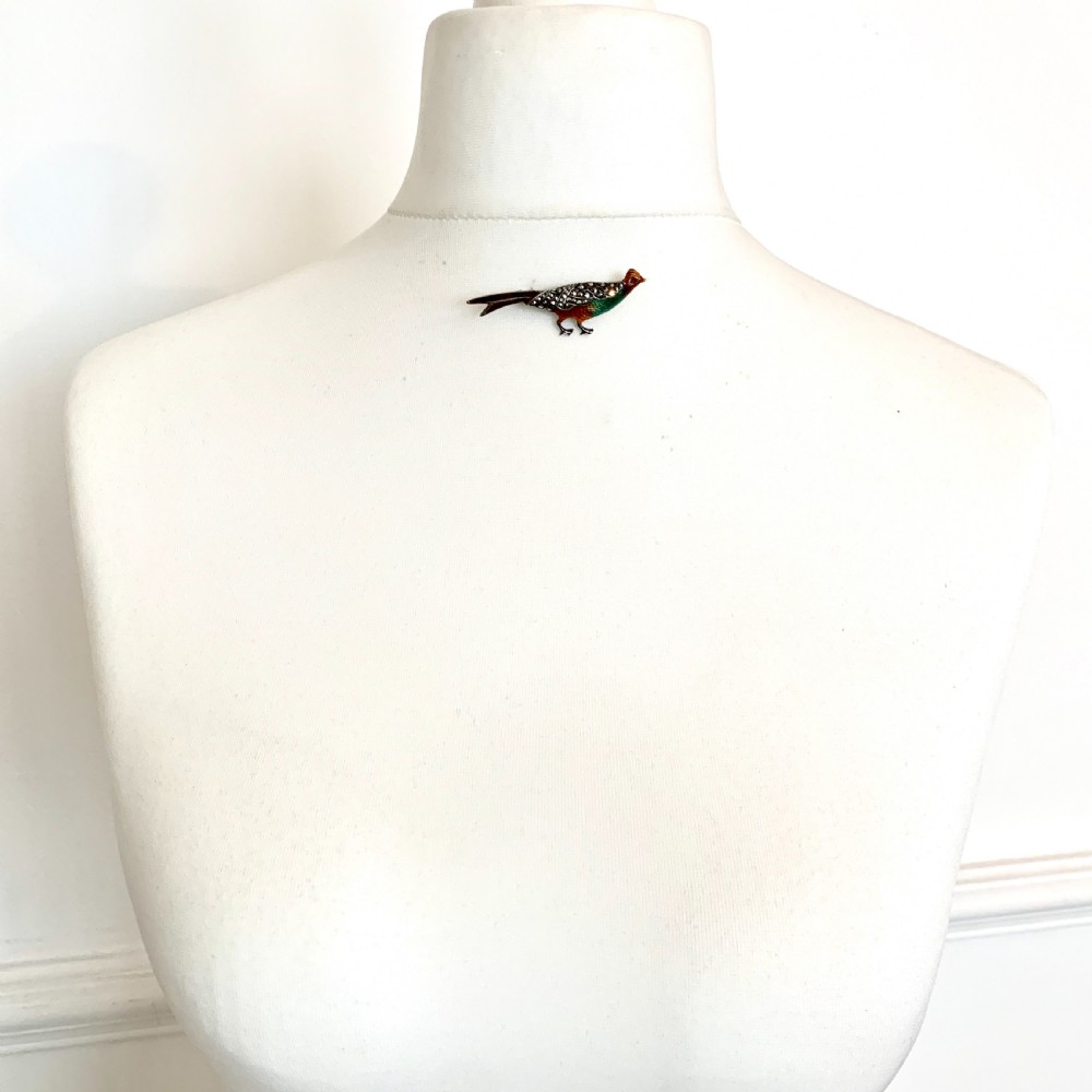 Vintage Sterling Silver Enamel and Marcasite Pheasant Brooch View VI